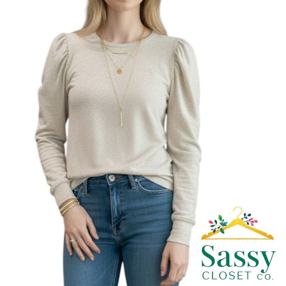 Splendid Oatmeal Heather Puff Sleeve Long Sleeve Top Banded Cuffs L EUC